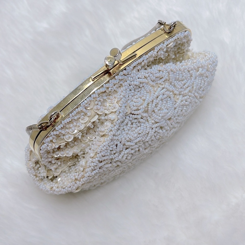 Mid Century Vintage Beaded Sequin Kisslock Evening Handbag Snake Chain Purse - Picture 9 of 16